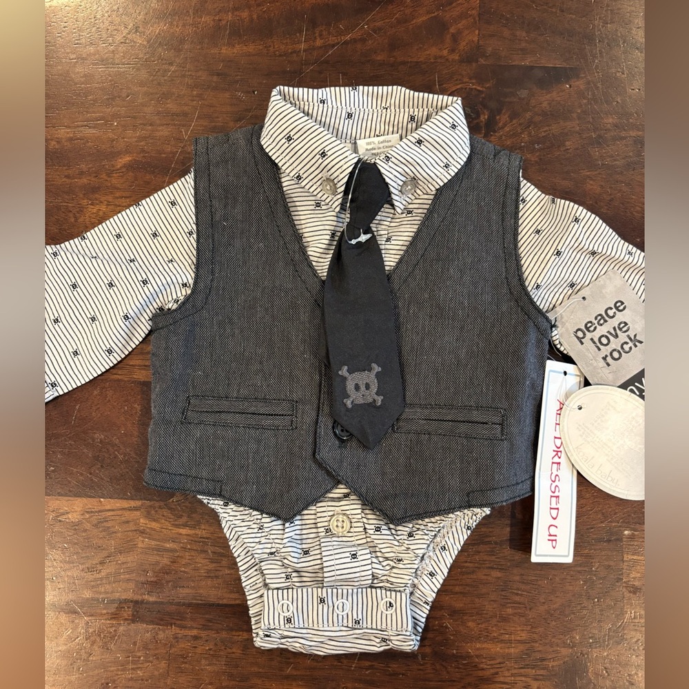 Amy Coe Newborn Punk Rock Skulls Baby Onesie with Vest and Tie